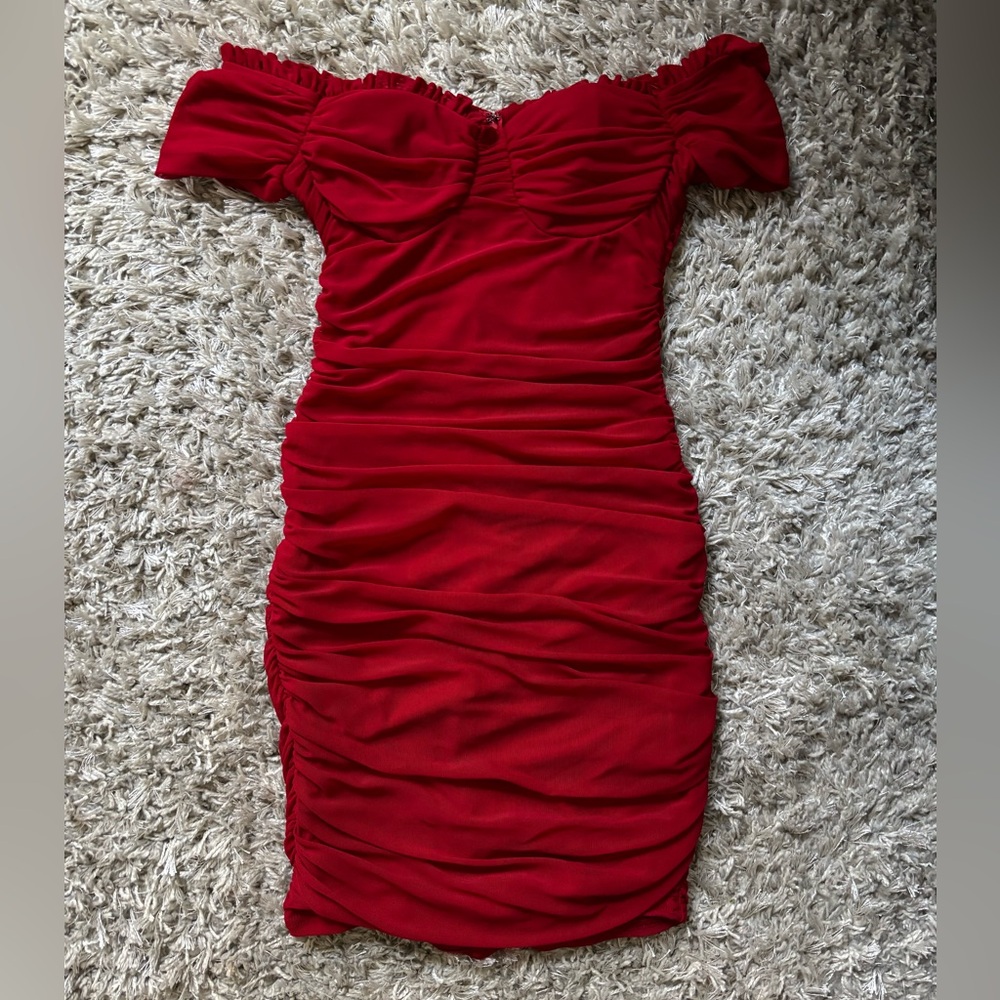 Windsor Red Ruched Off-Shoulder Bodycon Mini Dress